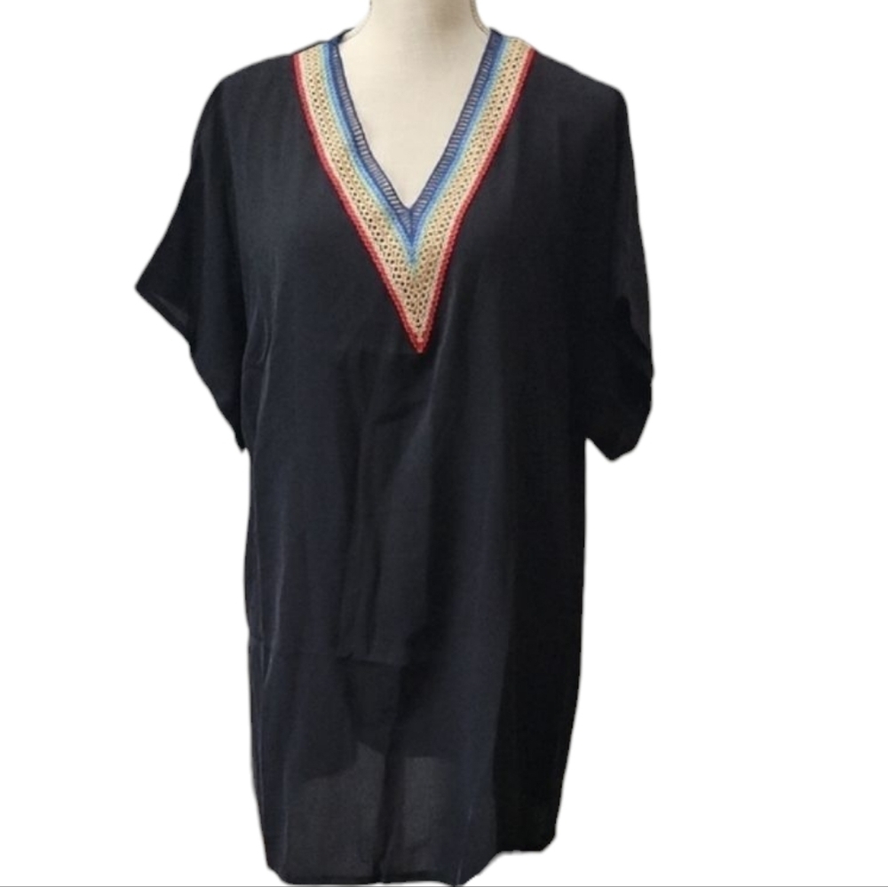 Black V-Neck Swim Cover-up with Multicolor Trim
